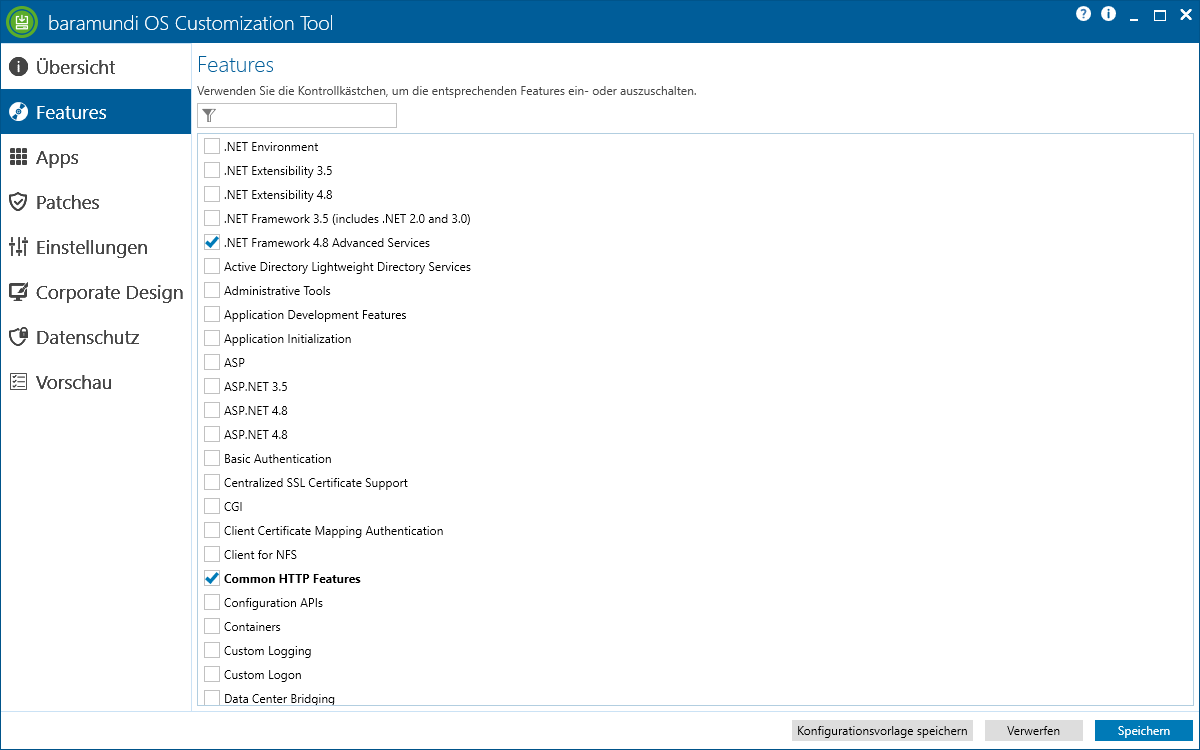 Das baramundi OS Customization Tool zeigt eine Liste von Windows-Features, die zur Anpassung und Integration ausgewählt werden können