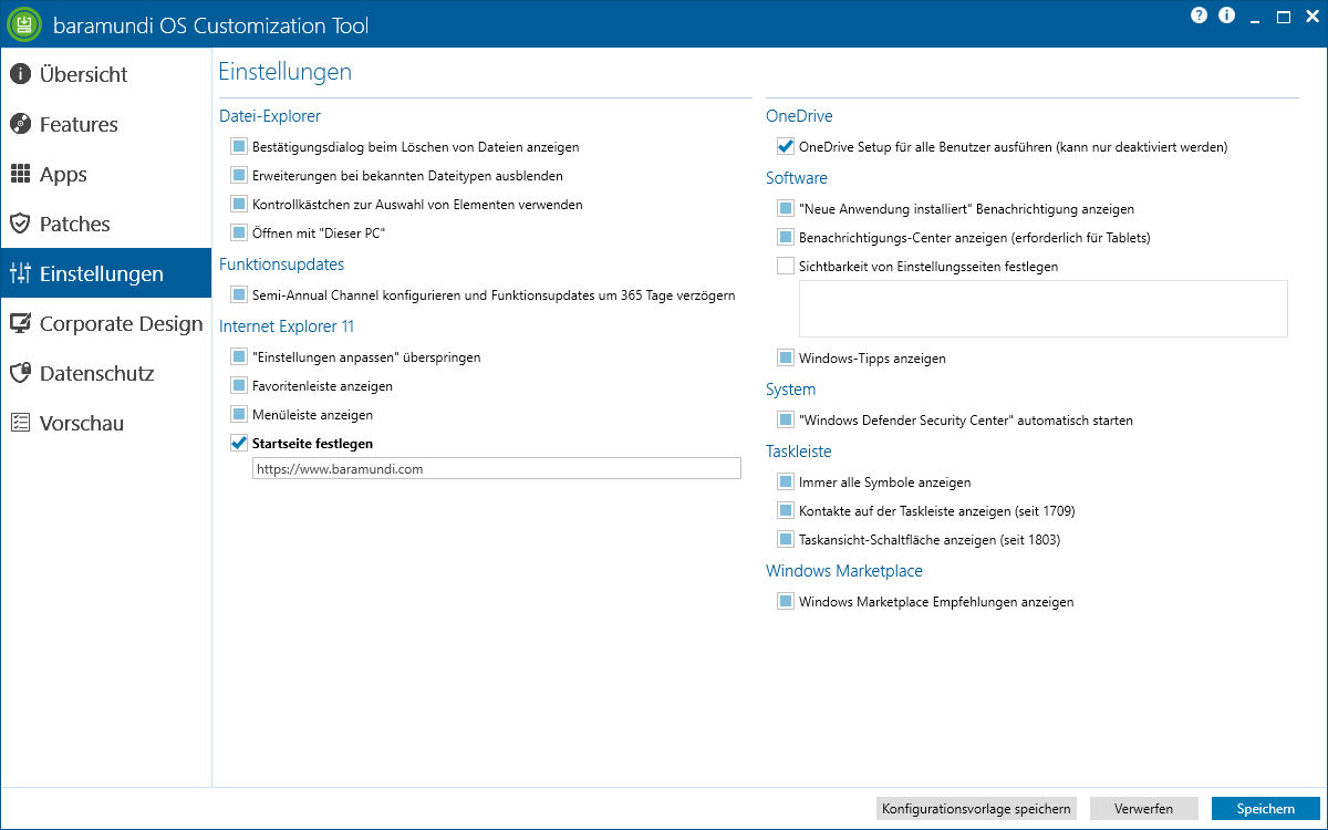 Das baramundi OS Customization Tools zeigt verschiedene Konfigurationsoptionen für Datei-Explorer, Funktionsupdates, Internet Explorer 11, OneDrive, Software-Benachrichtigungen, System, Taskleiste und Windows Marketplace