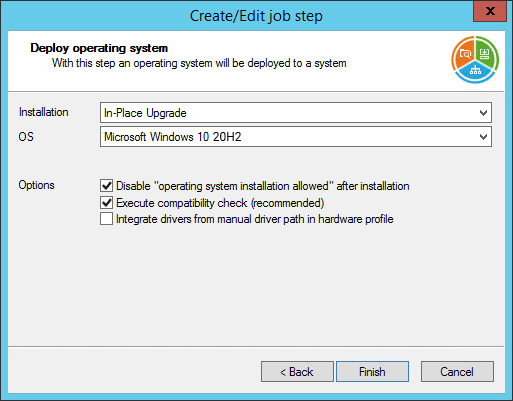 Ein Dialogfeld zeigt die Erstellung oder Bearbeitung eines Arbeitsschrittes zur Installation von Microsoft Windows 10 20H2 per In-Place-Upgrade mit zusätzlichen Optionen
