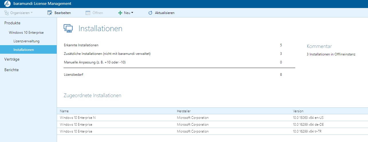 Dashboard zur Verwaltung und Überwachung von Windows 10 Enterprise-Installationen in der baramundi License Management Software