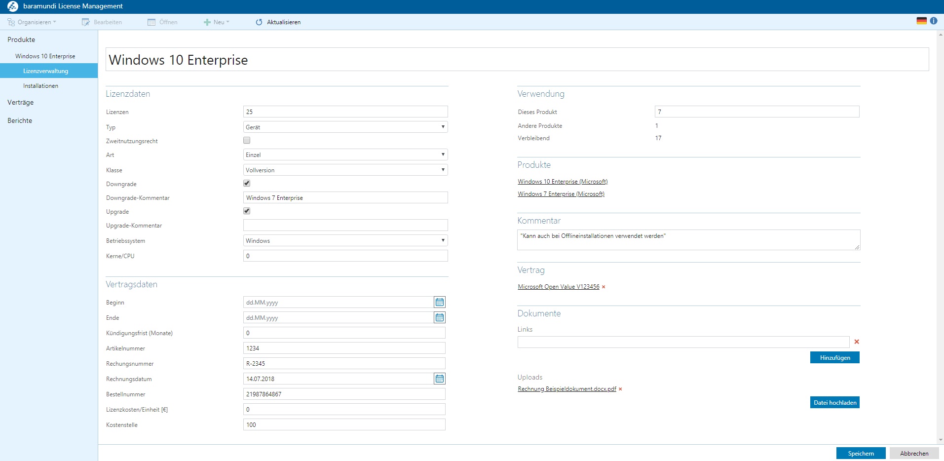 Das baramundi License Management zeigt eine detaillierte Übersicht zur Verwaltung von Windows 10 Enterprise-Lizenzen, inklusive Lizenzdaten, Vertragsinformationen und Dokumenten-Upload