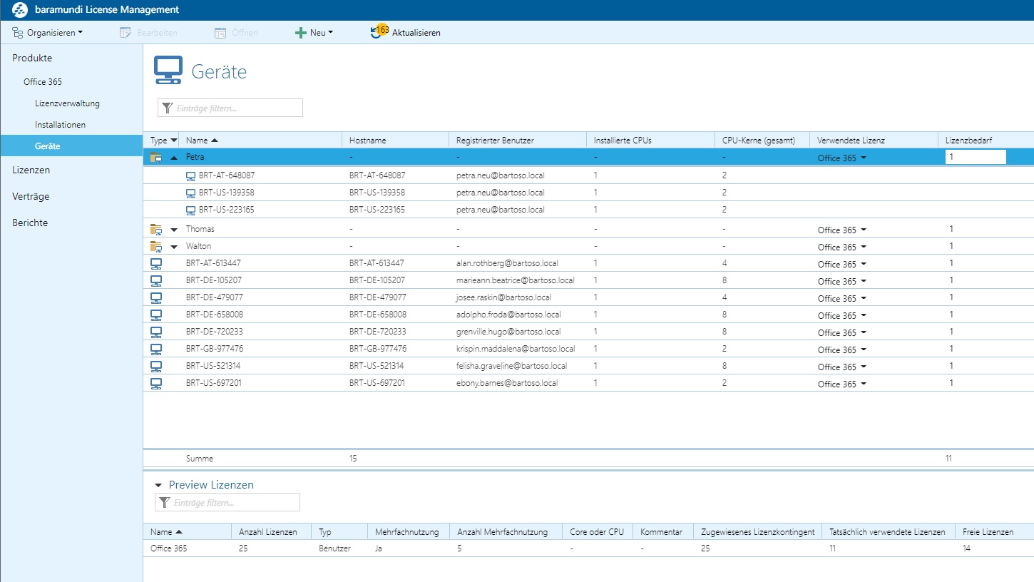 Ein Screenshot zeigt die Benutzeroberfläche von baramundi License Management, in der Geräte mit Informationen zu Typ, Name, Hostname, registriertem Benutzer, installierten CPUs und Lizenzbedarf angezeigt werden