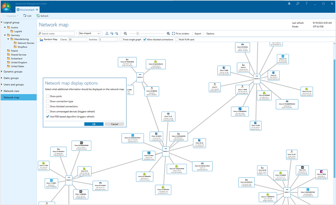 Screenshot des Netzwerk-Mapping-Dashboards im baramundi Management Center, das die visuelle Darstellung der Netzwerkverbindungen zeigt