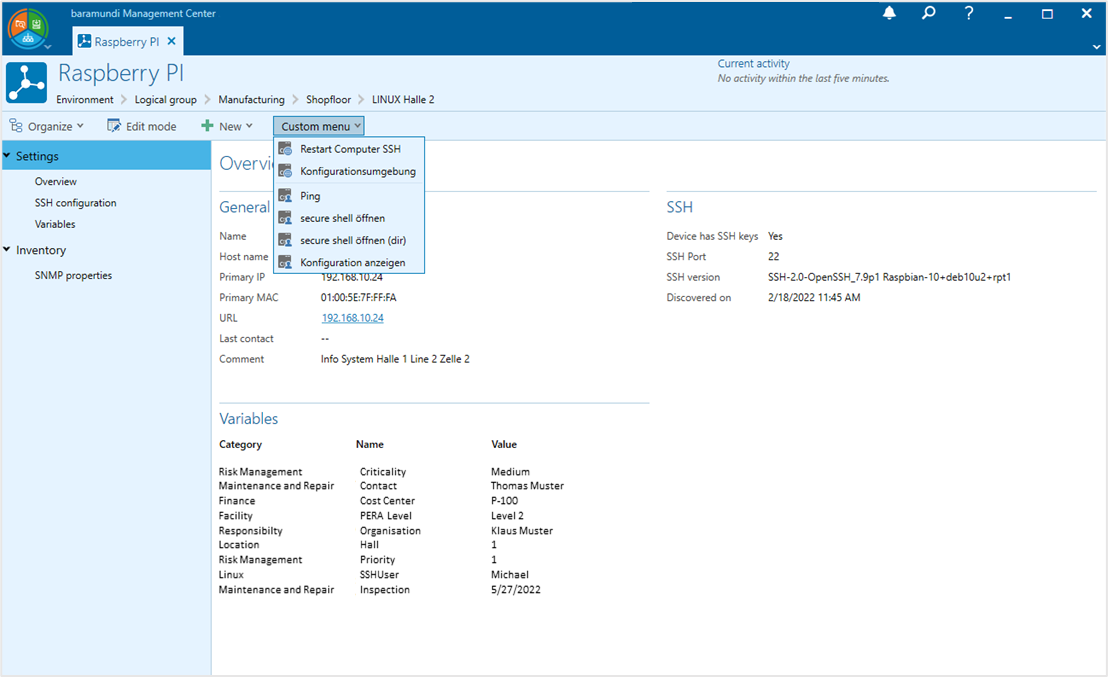 Ein Screenshot des baramundi Management Centers zeigt eine Übersicht der Geräteeinstellungen und Konfigurationen