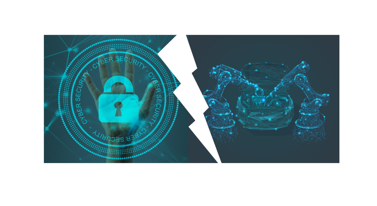 "Cybersecurity vs. Productivity" – Die Grafik zeigt die Spannung zwischen dem Schutz der IT-Infrastruktur und der Effizienz der Produktion in der Industrie.