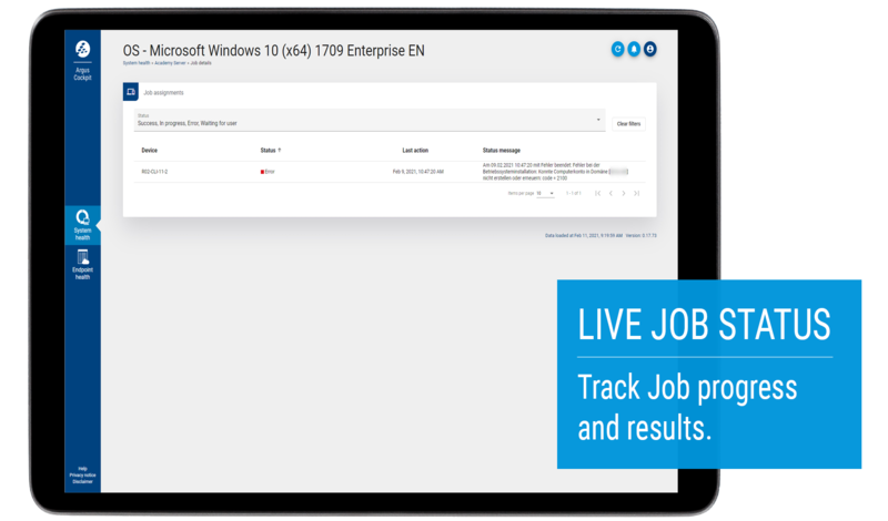 Die Benutzeroberfläche des baramundi Argus Cockpit auf einem Tablet, auf dem der Live-Status eines Jobs für das Betriebssystem Microsoft Windows 10 angezeigt wird