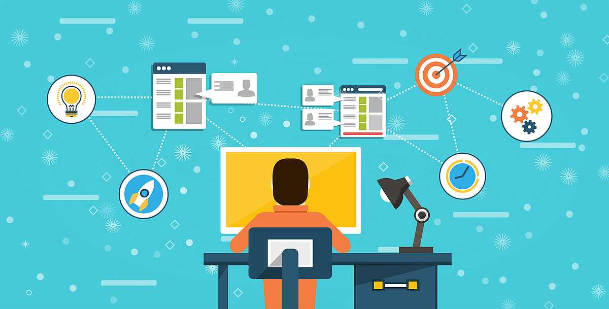 Illustration eines Mannes, der vor einem Computer sitzt, umgeben von Symbolen für verschiedene IT-Prozesse wie Ideenfindung, Projektmanagement und Zielsetzung