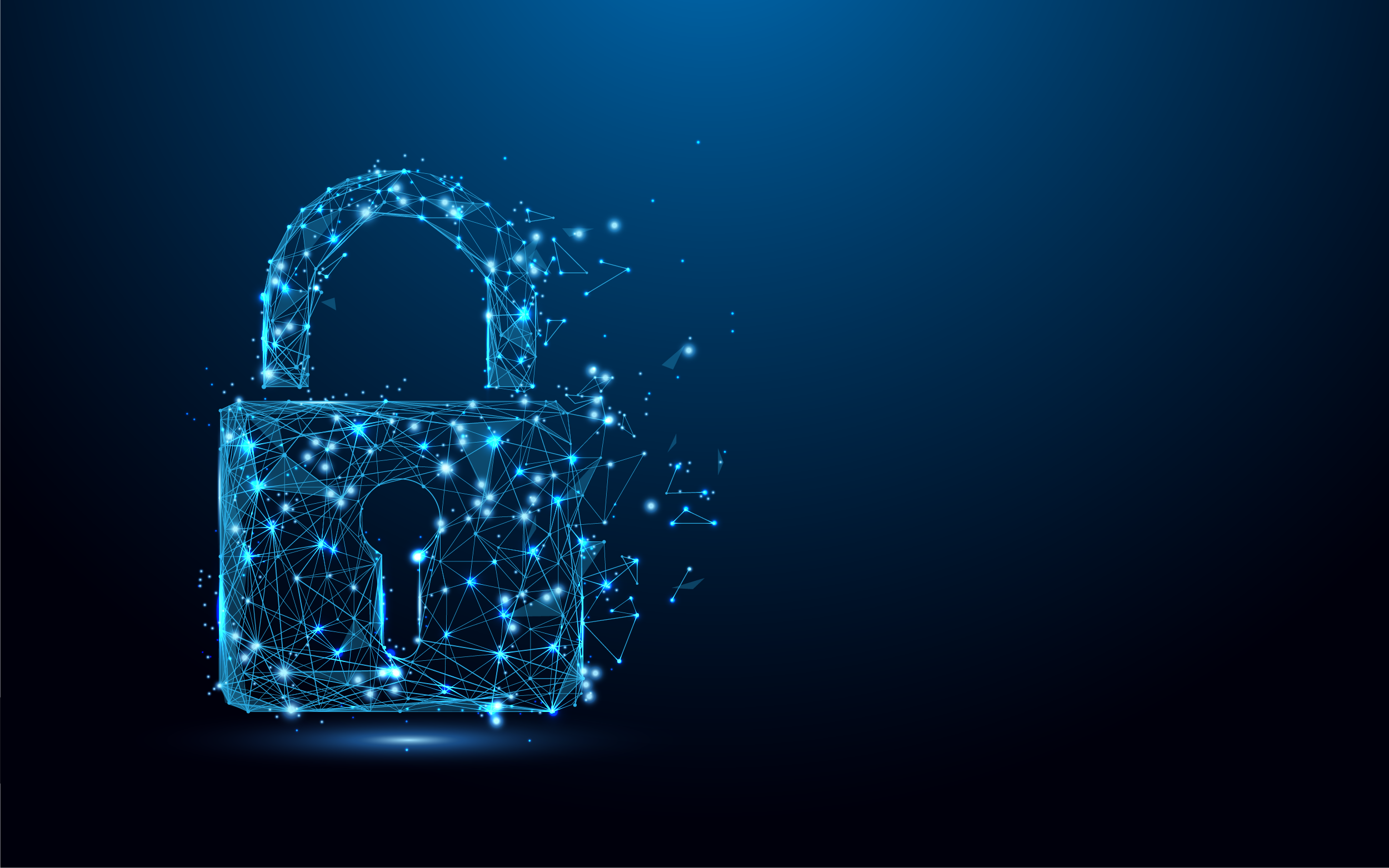 Digitales Vorhängeschloss aus vernetzten Punkten und Linien vor blauem Hintergrund