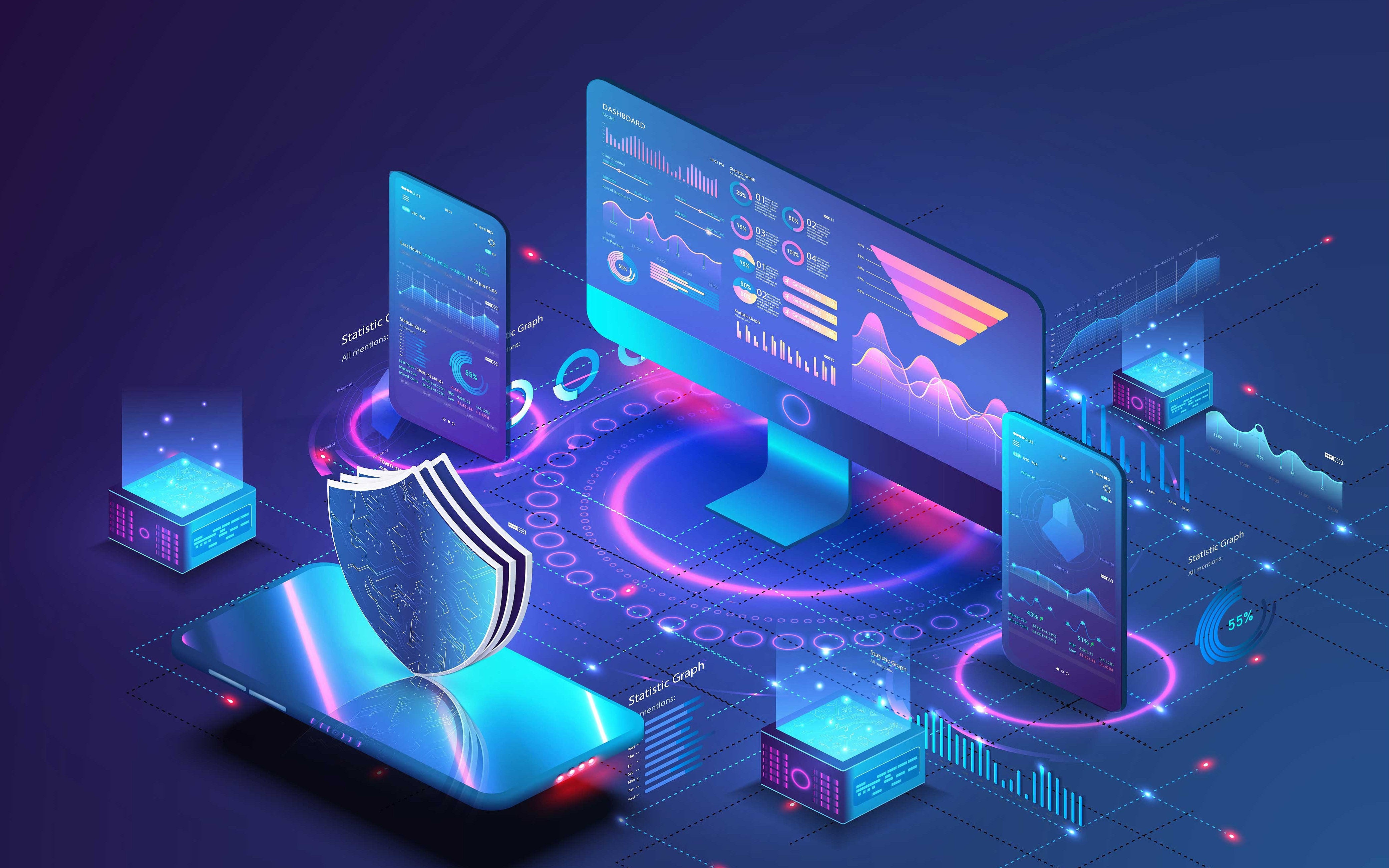 Illustration von digitalen Geräten und Bildschirmen mit Sicherheitssymbolen und Datenvisualisierungen
