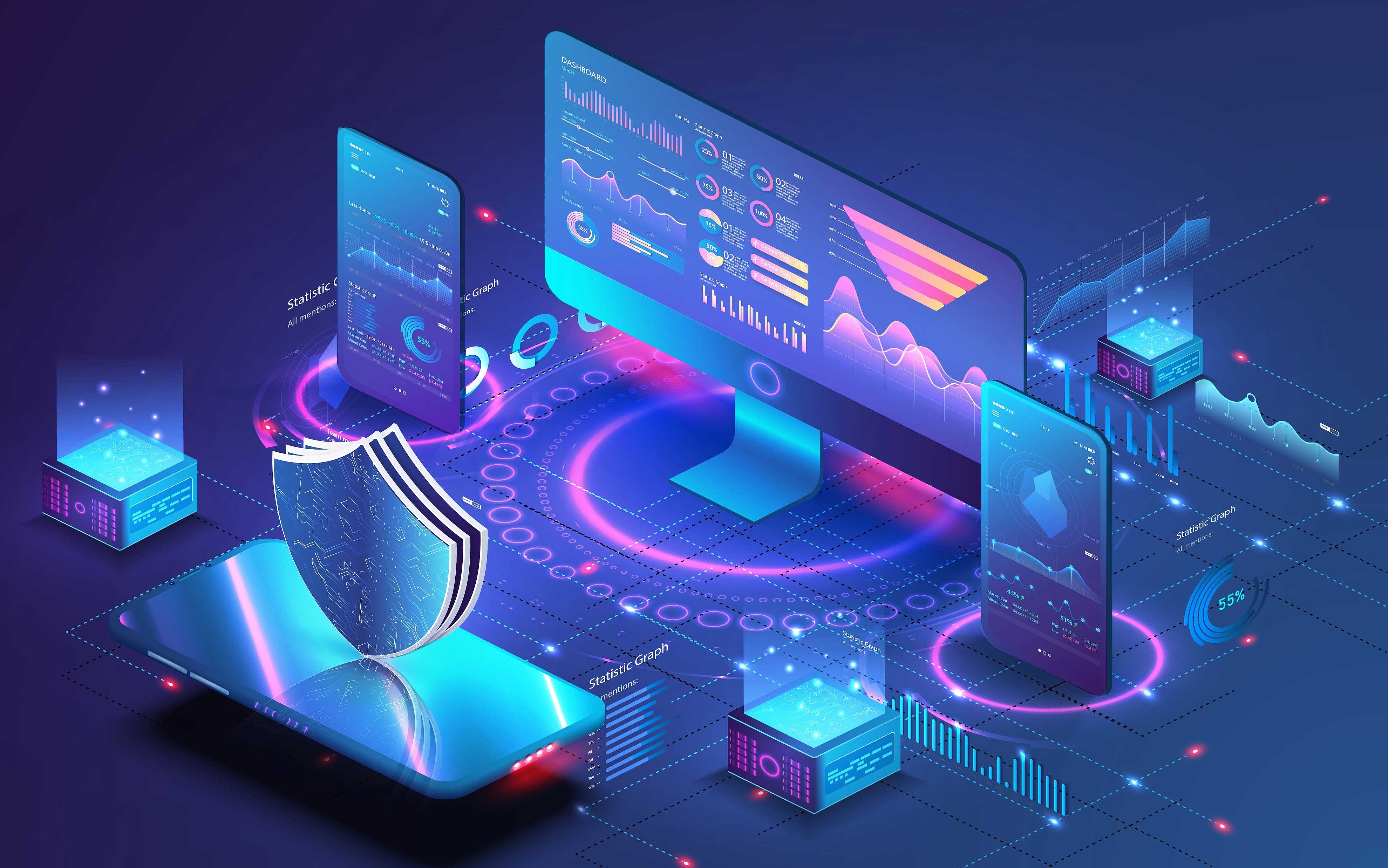 Illustration von digitalen Geräten und Bildschirmen mit Sicherheitssymbolen und Datenvisualisierungen