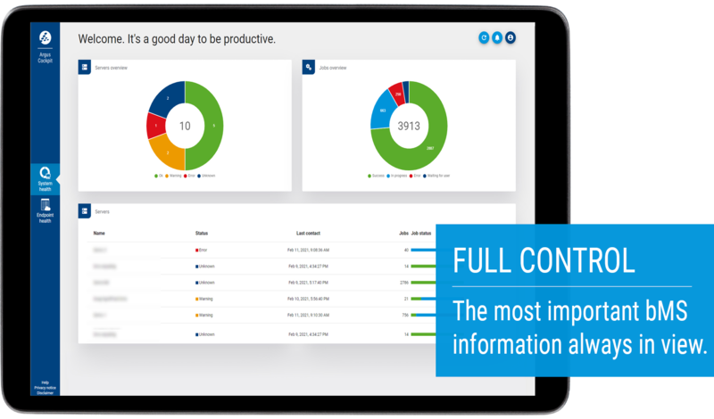 Screenshot des baramundi Argus Cockpit Dashboards, zeigt die wichtigsten bMS-Informationen, einschließlich Server- und Jobstatusübersichten