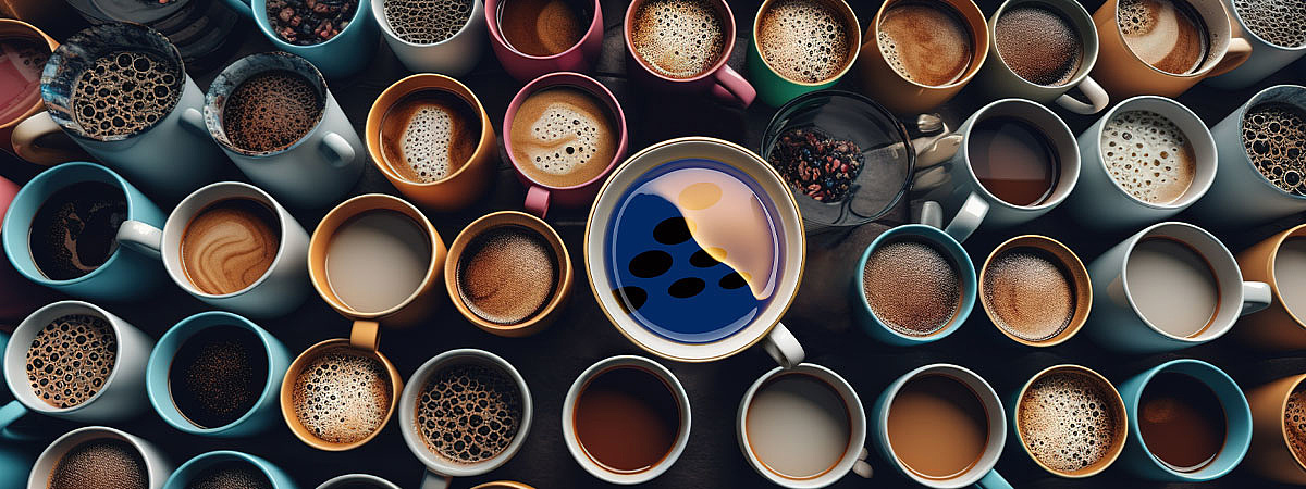Kaffee in verschiedenen Tassen in Draufsicht, in einer Tasse das Logo von baramundi