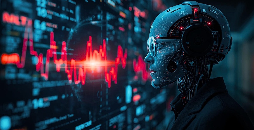 Robot illustration in front of a digital user interface with charts and data displays. Robot illustration in front of a digital user interface with charts and data displays.