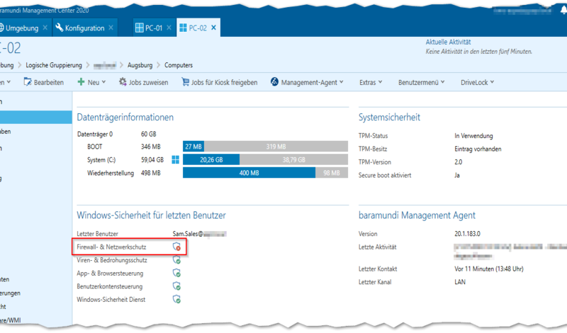Die Benutzeroberfläche des baramundi Management Centers zeigt die Windows-Systemsicherheit, einschließlich Firewall- und Netzwerkschutz, sowie Viren- und Bedrohungsschutz