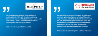 Kundenfeedback-Zitate von TeleMerit und Ostermaier mit positiven Aussagen über IT-Services und Installationssupport