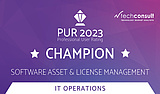 Auszeichnung als "Champion" im PUR 2023 Professional User Rating fĂĽr Software Asset & License Management IT Operations von techconsult
